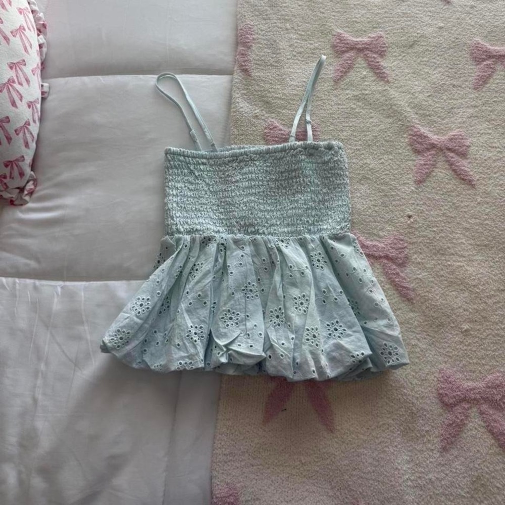 sky blue babydoll top with lace detailing